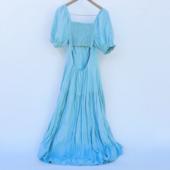 Farm Rio Puff Sleeve Maxi Dress Backless Cut Out Blue Prairie Large - Picture 3 of 10